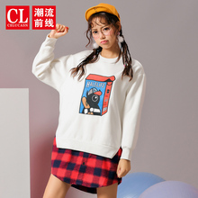 潮流前线2018年冬装新品女款刺绣卡通加绒卫衣不规则中长款假两件图片