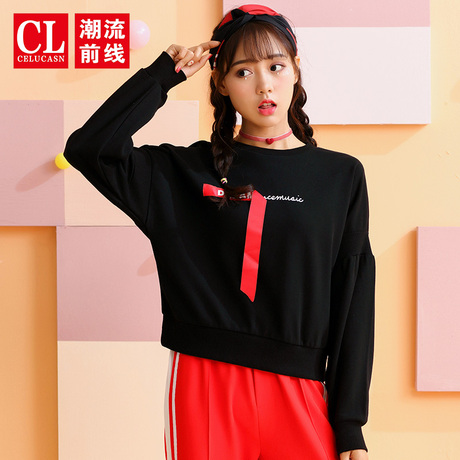 潮流前线2018年秋装新品女款时尚织带字母圆领休闲长袖T恤卫衣潮商品大图