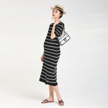 LAMMA夏原创设计天然亚麻孕妇装连衣裙针织镂空条纹小香显瘦中长