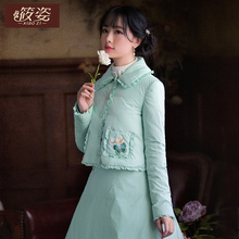 筱姿玉生烟2017冬季新款女装复古绣花羽绒服娃娃领花边口袋外套图片