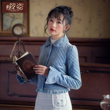筱姿2017秋冬新款女装复古蕾丝绣花外套喇叭袖保暖棉服图片