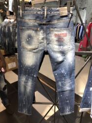 19春夏新款牛仔长裤男d2修身小脚水洗浅色破洞印花字母潮补丁磨烂