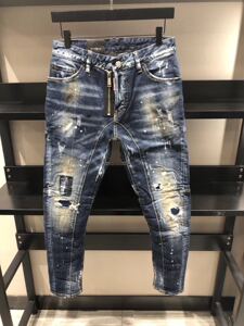 19新款春夏牛仔裤男d2休闲修身小脚泼墨污迹破洞补丁机车拉链装饰