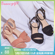 gift一字带凉鞋 女鞋 Grace 女露趾粗跟花瓣波浪卷夏季新品 中跟鞋