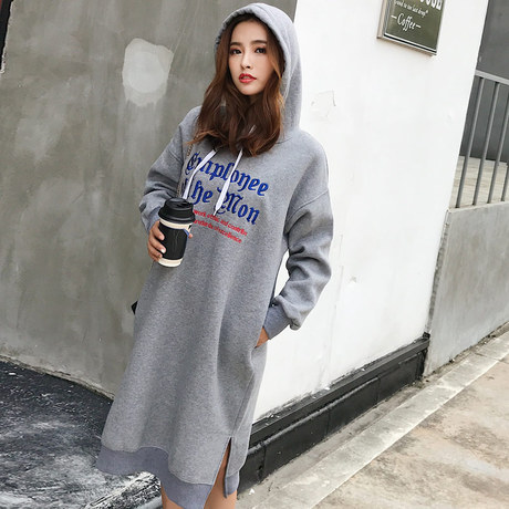 长款长袖抓绒加厚时尚过膝连帽卫衣裙套头女宽松长裙chic2018冬季商品大图