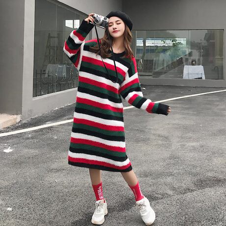 时尚条纹慵懒风长款过膝针织衫连衣裙 套头女宽松大码长裙秋冬潮商品大图