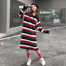 时尚条纹慵懒风长款过膝针织衫连衣裙 套头女宽松大码长裙秋冬潮图片