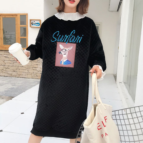 中长款半高领加厚贴布时尚chic卫衣裙 套头女宽松大码连衣裙秋冬商品大图