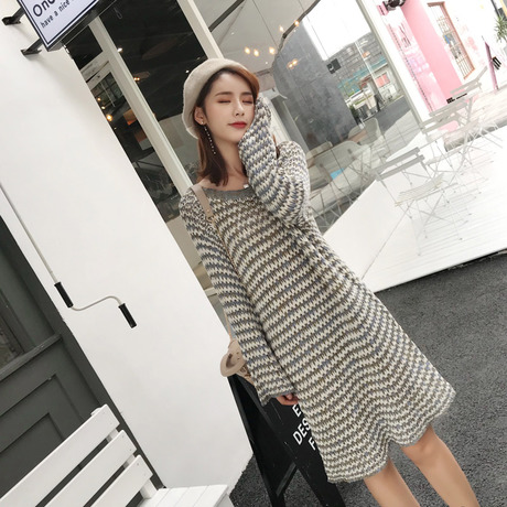 中长款长袖条纹针织衫连衣裙 套头女宽松大码胖MM毛衣裙2018秋冬商品大图