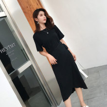 中长款时尚系带短袖chic气质连衣裙 收腰显瘦纯色不规则裙2018夏图片