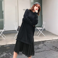 长款长袖时尚黑色假两件连衣裙 套头女宽松大码显瘦长裙2018秋季图片