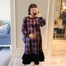 AROOM孕妇秋冬装连衣裙加厚千鸟格呢料中长款卫衣裙外出时尚款