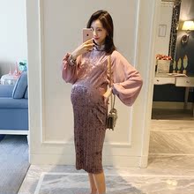 宽松时尚 年会小礼服蝙幅袖 AROOM孕妇雪纺拼丝绒连衣裙开春孕妇装