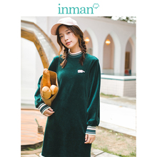 inman茵曼旗舰店半高领绣花连衣裙女裙2018秋冬新款中长裙打底裙图片