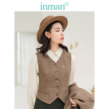 茵曼2018冬装新款复古文艺格纹毛呢背心马甲外套女F1884072761图片
