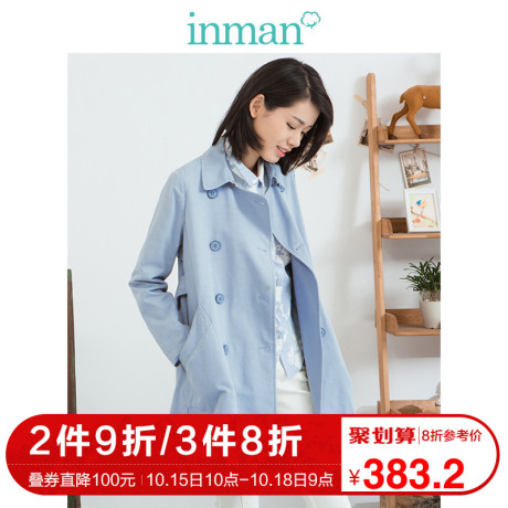 茵曼2018秋冬新款宽松显瘦双排扣港风风衣女中长款百搭翻领外套商品大图