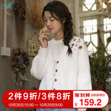茵曼2018春秋新款V领文艺范肩部绣花落肩灯笼袖开衫毛衣女小外套图片