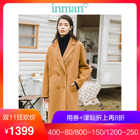 茵曼2018冬装新款翻领双排扣宽松长款双面呢大衣外套女1884280060商品大图