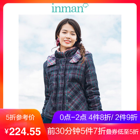 茵曼2018冬装新款连帽保暖防风复古格子短款棉衣外套女1884052005商品大图
