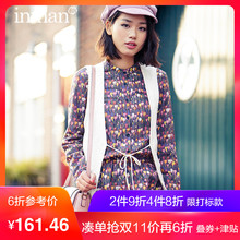 茵曼秋新款文艺小碎花立领长袖连衣裙女收腰中长裙1881101674图片