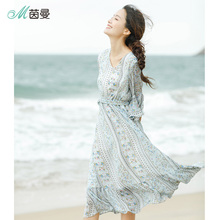 茵曼旗舰店2018夏装新款V领蝴蝶结喇叭袖碎花A字连衣裙女雪纺裙子图片