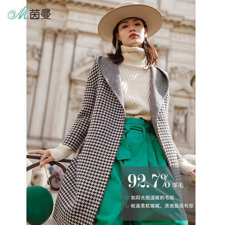 茵曼2018秋装新款羊毛混纺千鸟格纹连帽双面呢外套女F1883280774商品大图