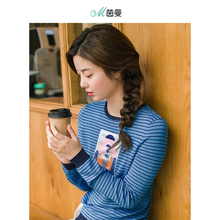 茵曼旗舰店文艺范贴布印花套头条纹毛衣女长袖修身外穿针织上衣图片