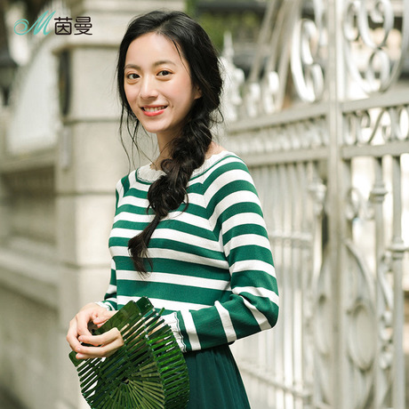 茵曼2018秋装新款波浪领口条纹显瘦休闲甜美毛衣女套头针织衫长袖商品大图