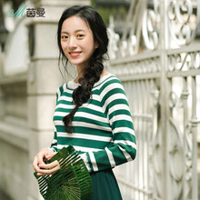 茵曼2018秋装新款波浪领口条纹显瘦休闲甜美毛衣女套头针织衫长袖图片