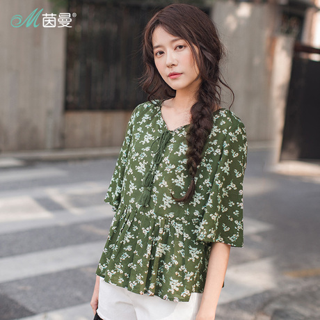 茵曼2018新款夏装流苏系带小V领印花收腰中袖碎花衬衣女套头衬衫商品大图