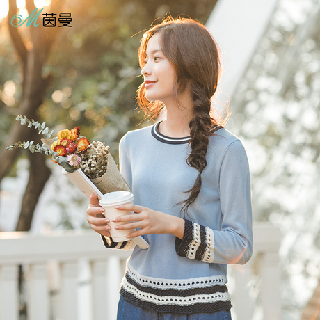 茵曼旗舰店2018秋装新款初秋文艺拼色镂空提花套头针织衫女士上衣商品大图