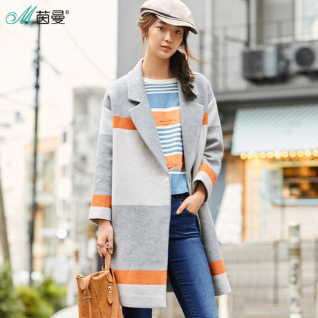 茵曼2018冬装新款落肩袖时尚撞色西装毛呢外套女中长款呢大衣宽松商品大图