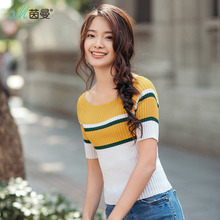 茵曼2018新款夏装撞色条纹修身显瘦薄款中袖针织衫女士打底衫上衣图片