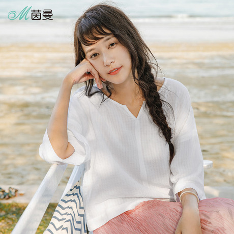 茵曼旗舰店2018夏装新款纯色V领宽松百搭中袖衬衣女大码白色衬衫商品大图