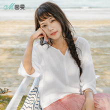 茵曼旗舰店2018夏装新款纯色V领宽松百搭中袖衬衣女大码白色衬衫图片
