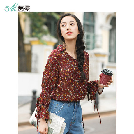 茵曼2旗舰店018夏装新款碎花雪纺宽松百搭长袖衬衣衬衫女上衣商品大图