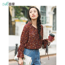 茵曼2旗舰店018夏装新款碎花雪纺宽松百搭长袖衬衣衬衫女上衣图片