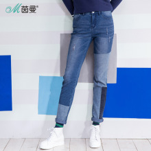 茵曼2018春秋新款文艺复古水洗百搭牛仔裤破洞长裤不规则原宿女裤图片