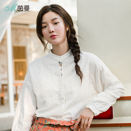 茵曼旗舰店2018秋装新款文艺小立领亚麻棉门襟绣花衬衫女长袖上衣商品大图