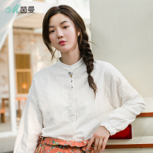 茵曼旗舰店2018秋装新款文艺小立领亚麻棉门襟绣花衬衫女长袖上衣图片