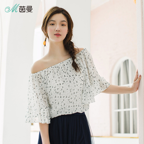 茵曼旗舰店2018夏装新款碎花一字领蝙蝠短袖衬衣衬衫女百搭上衣商品大图