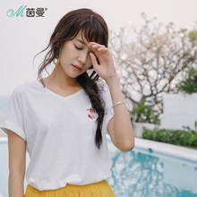 【拍下7折】茵曼2018夏装新款弹性棉V领蝙蝠袖宽松短袖T恤女上衣图片