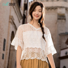 茵曼夏装淑女花边V领棉布拼接中袖浪漫透视蕾丝衫套头1882293409图片