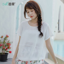 茵曼2018夏装新款圆领白色百搭条纹织花短袖衬衣衬衫女宽松上衣服图片