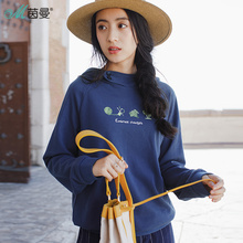 茵曼旗舰店女装2018春装新款休闲运动宽松插肩袖绣花短卫衣女图片