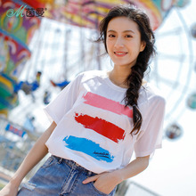 茵曼2018夏装新款韩版宽松撞色印花白色短袖T恤女半袖ins百搭上衣图片
