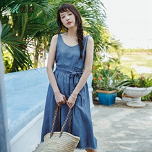 茵曼旗舰店女装裙子2018夏装新款V领蝴蝶结A字无袖牛仔连衣裙女图片