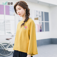 茵曼2018秋装新款纯棉圆领宽松喇叭袖文艺卫衣女套头薄款初秋上衣图片