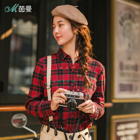 茵曼绣花纯棉衬衣女式长袖红色格子衬衫韩版chic上衣1883011043商品大图