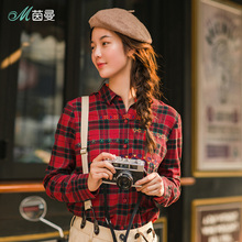 茵曼绣花纯棉衬衣女式长袖红色格子衬衫韩版chic上衣1883011043图片